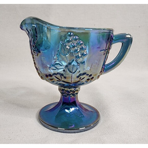 Vintage Indiana Glass Harvest Grape Blue Carnival Glass Creamer Sugar & Tray Set - Picture 15 of 16